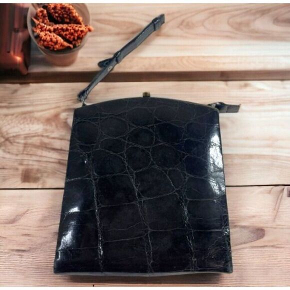 Vintage Black Alligator Leather Clutch Purse w/ Accessories Coin 1950s 6.5x7.25
